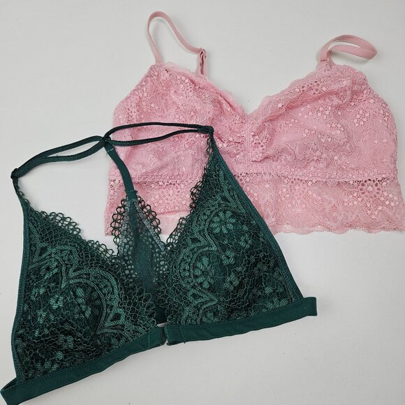 Victoria's Secret & Pink‎ 2pc Lace Bralettes Sz S Emerald Green Light Pink Bra - Picture 1 of 6